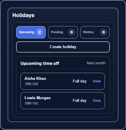 Employr holiday preview showing upcoming leave and holiday management actions