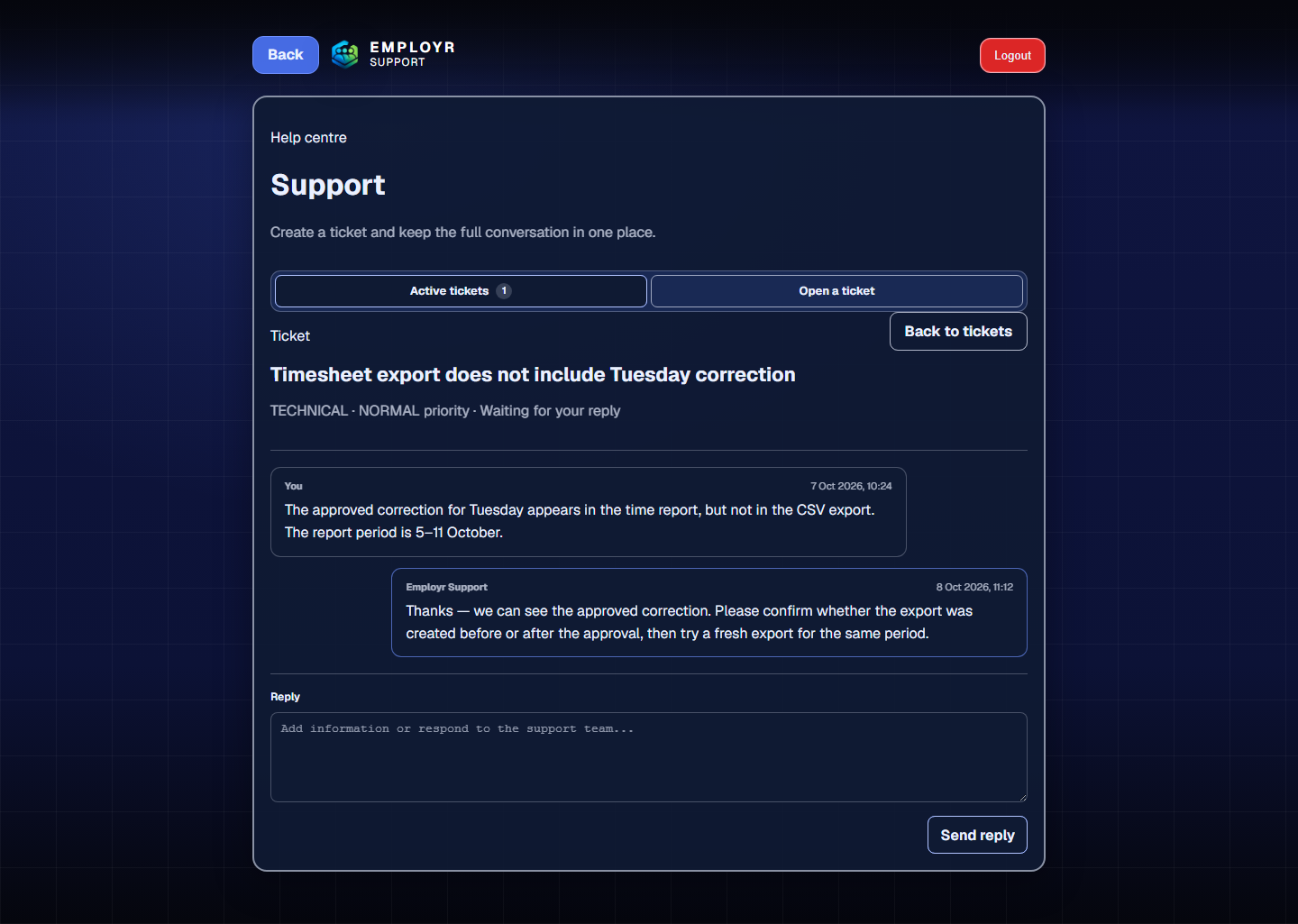 Employr in-app support ticket showing its category, priority, status, customer message, support reply, and reply box