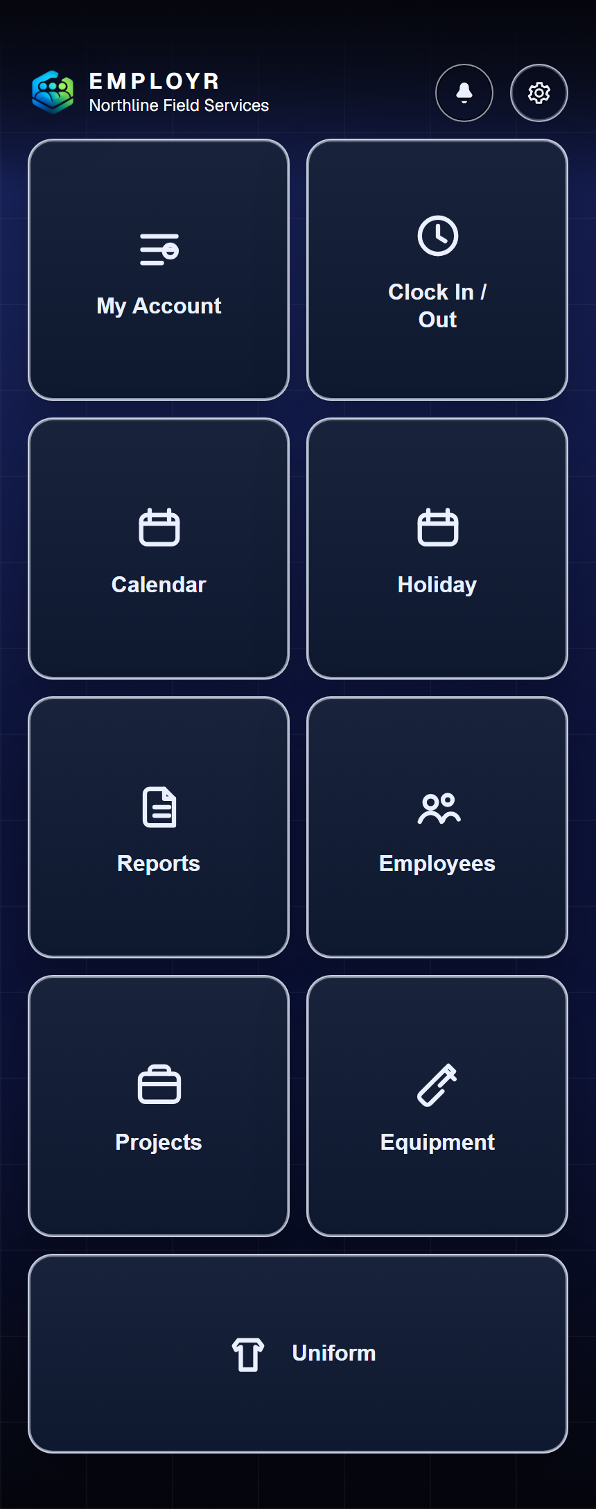 Employr mobile workspace showing time, people, calendar, projects, documents, and safety tools